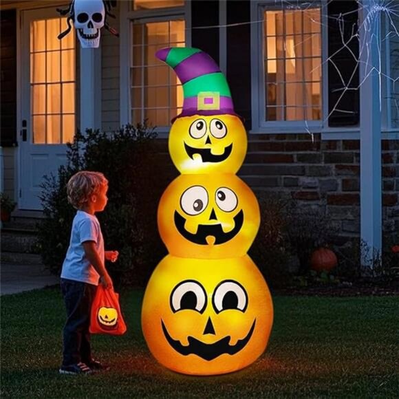 Halloween Inflatables Stacked Pumpkins with Witch Hat, 5 Ft...